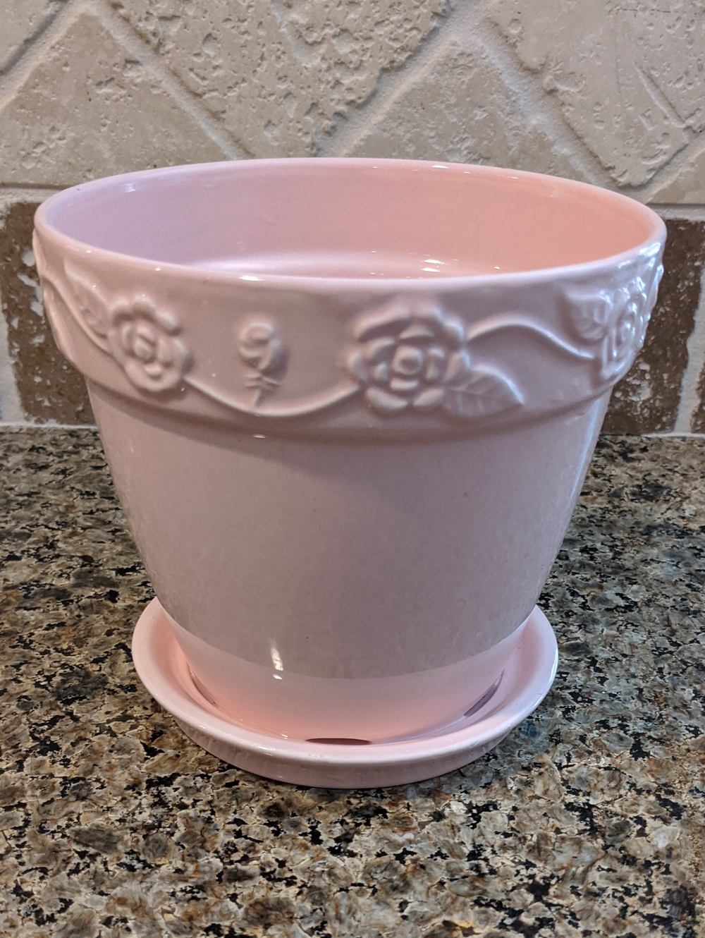 Rare Vtg Mid-Century Pink Floral 5.5" Planter w/ Attached Underplate Pottery